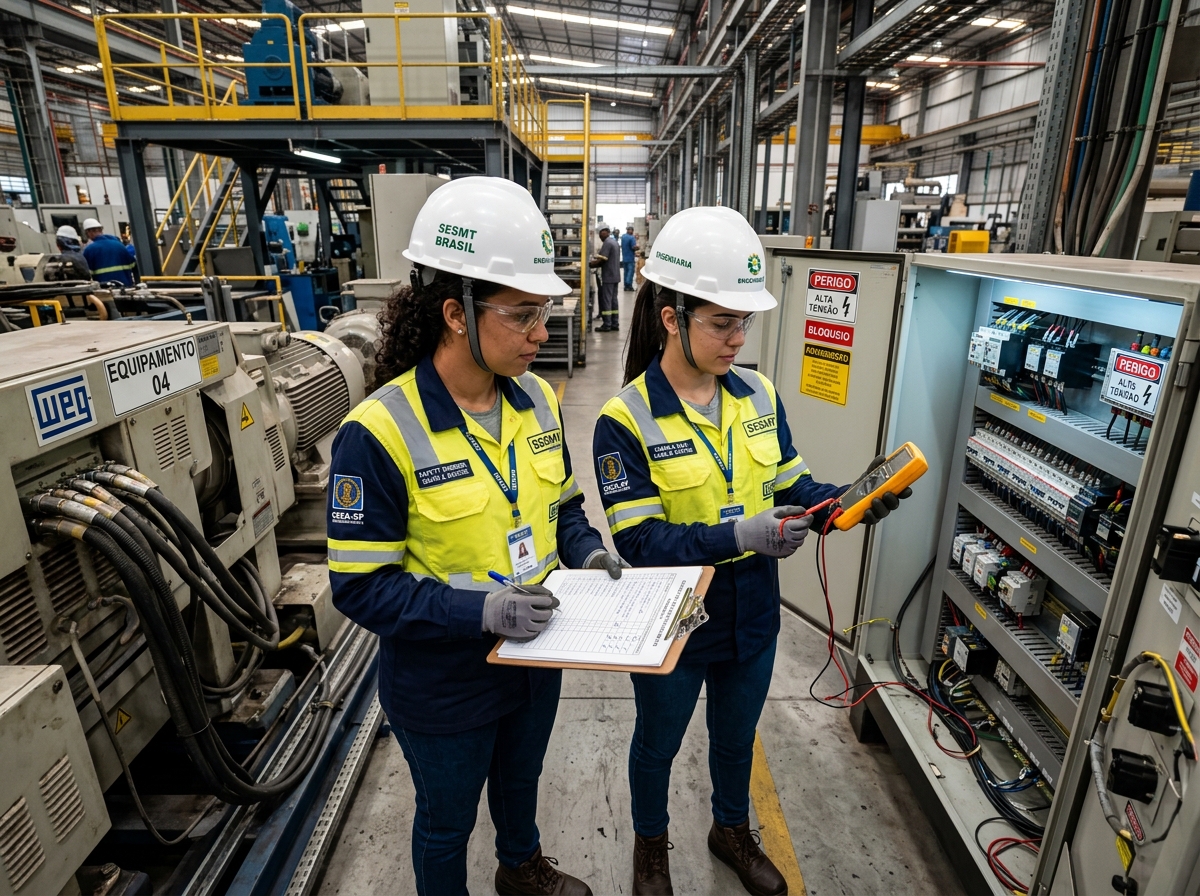 Engenheiras de Segurança inspecionando máquinas industriais em planta fabril